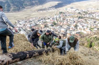 Beim Aufstellen der „Larmstange“ am Scheibenschlag-Sonntag auf dem Scheibenschlag-Bühel in Schlanders. Fotos: Sepp