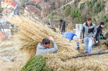 Beim Aufstellen der „Larmstange“ am Scheibenschlag-Sonntag auf dem Scheibenschlag-Bühel in Schlanders. Fotos: Sepp