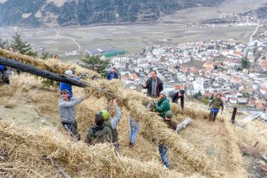 Beim Aufstellen der „Larmstange“ am Scheibenschlag-Sonntag auf dem Scheibenschlag-Bühel in Schlanders. Fotos: Sepp