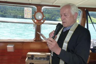 Erste Rundfahrt der „Hubertus“ auf dem Reschensee im heurigen Jahr. Fotos: Sepp