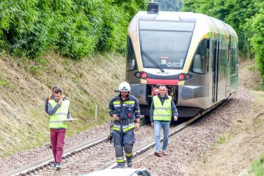 Übung des Bezirksfeuerwehrverbandes Untervinschgau in Zusammenarbeit mit STA, SAD und Weißem Kreuz (12.07.2019); angenommenes Szenario: Kollision zwischen Auto und Vinschgerbahn. Fotos: Sepp